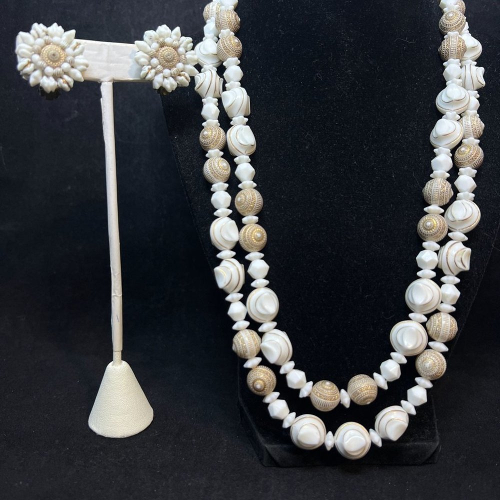 W Germany Double Strand Gold Tone And White Beaded Necklace & Earring Set (3955)